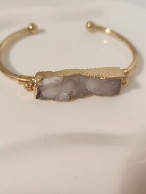 Gold Druzy Bar Cuff Bracelet - White Crystal Accent